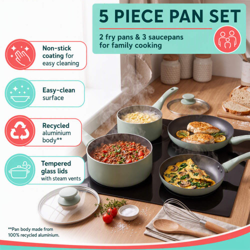 5-piece green pan set with 2 frying pans, 3 saucepans and glass lids