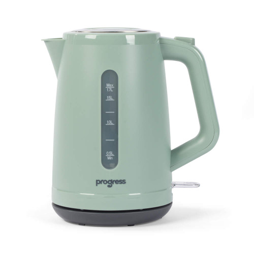 1.7L sage green electric kettle with water level window and handle, side view