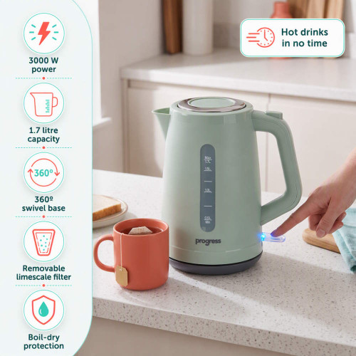 Green electric kettle with mug, showing fast boil and key features