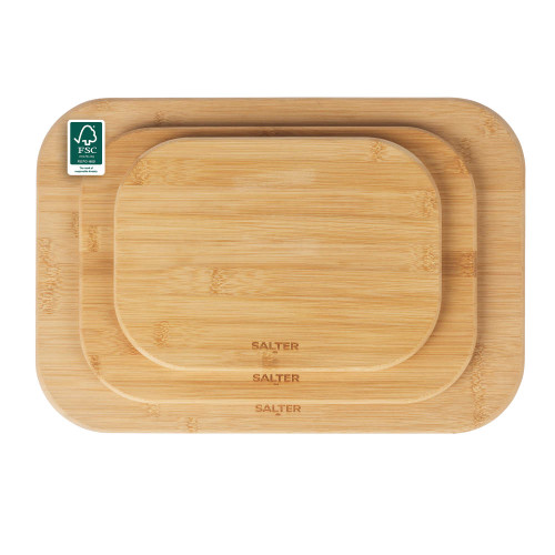 Set of three rectangular bamboo chopping boards with FSC logo, stacked