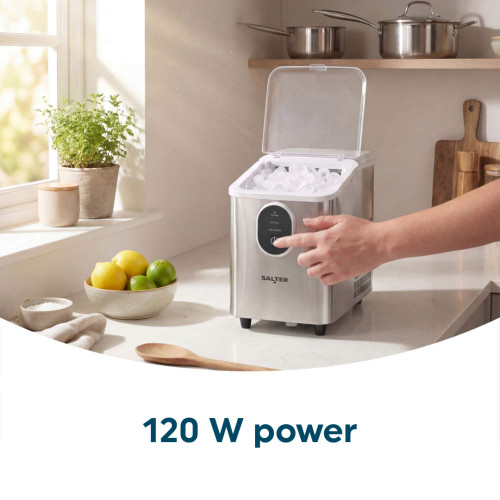 Silver countertop ice maker with open lid and touch controls, 120W power