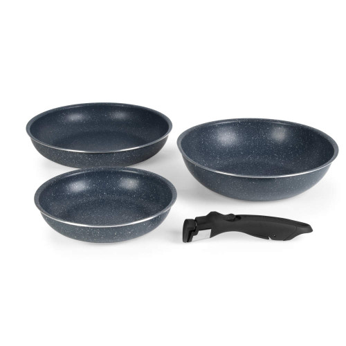 Set of three blue non-stick pans with detachable handle, shown on white background