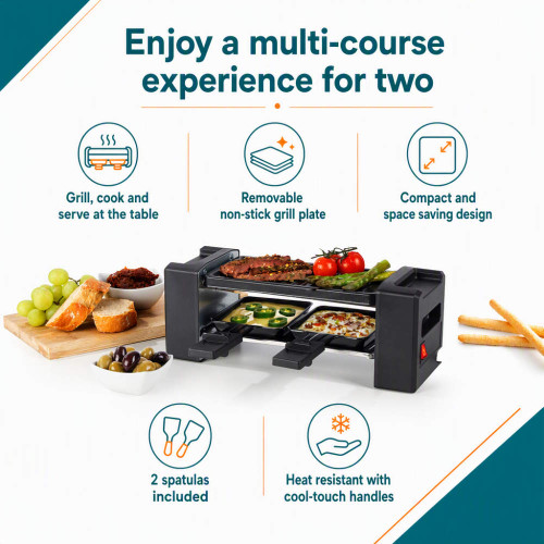 Raclette grill for two with removable non-stick plate, spatulas and cool-touch handles