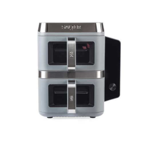 Salter grey dual air fryer with two baskets, shown front-facing