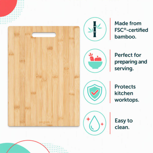 Bamboo chopping board with handle slot and icons showing key features