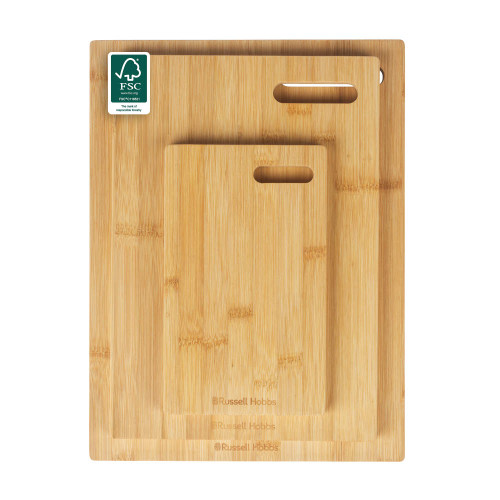 Set of three bamboo chopping boards with handle slots