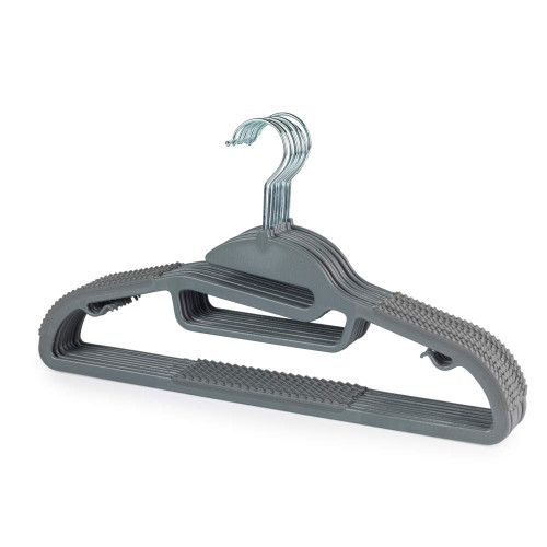 Pack of grey non-slip clothes hangers with metal hooks