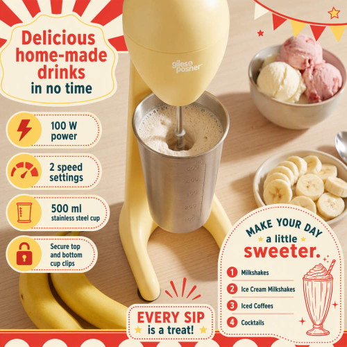 Yellow Giles & Posner milkshake maker blending a drink in a stainless steel cup