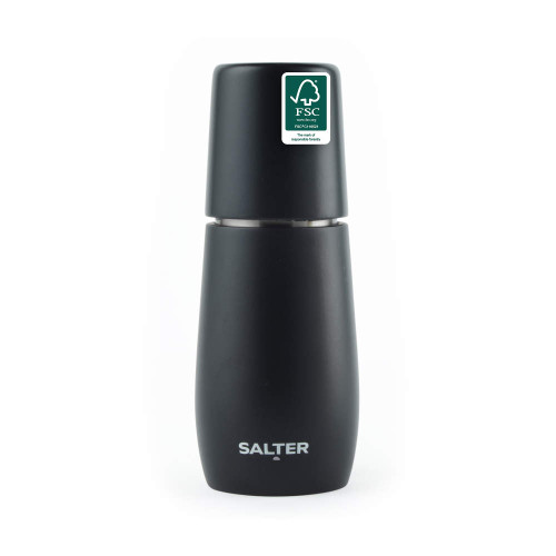 Black Salter grinder upright with FSC certified label
