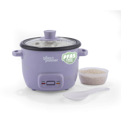 Purple mini rice cooker with glass lid, rice scoop and measuring cup