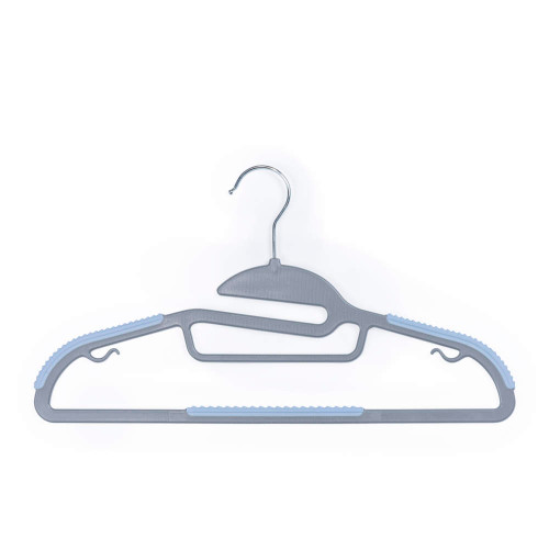 Grey and blue plastic clothes hanger with anti-slip grips, shown front view.