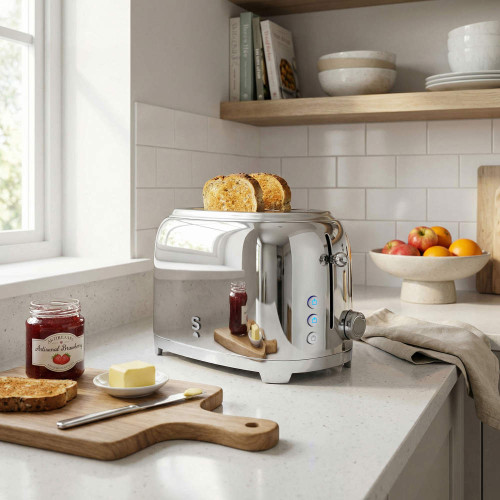 Chrome 2-slice toaster with toasted bread, shown in modern kitchen setting