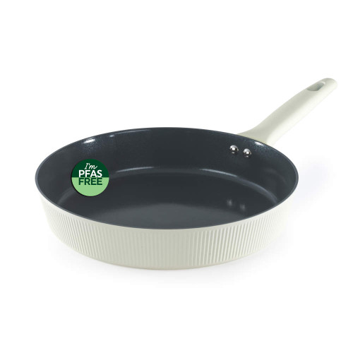 Cream non-stick frying pan with long handle and PFAS free label