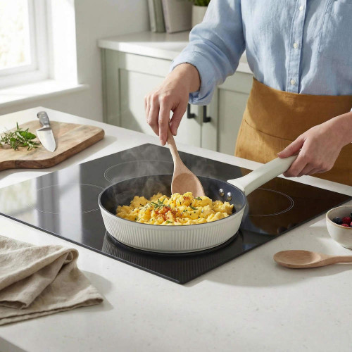 Cream ceramic frying pan with scrambled eggs, shown on modern induction hob.