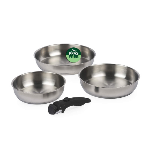 Set of stainless steel bowls, side view, suitable for kitchen or pet use