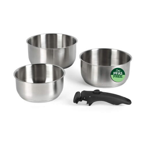 Set of three stainless steel bowls with detachable black handle, PFAS free label visible