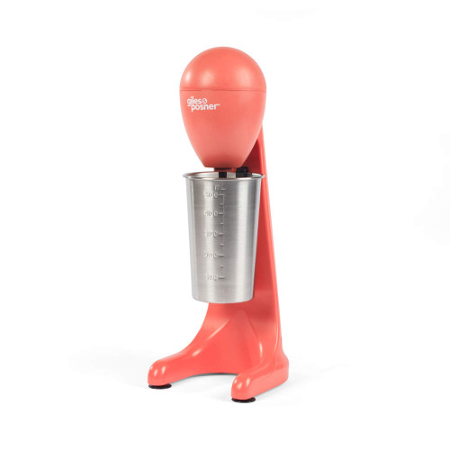 Red milkshake maker with stainless steel mixing cup, shown on white background