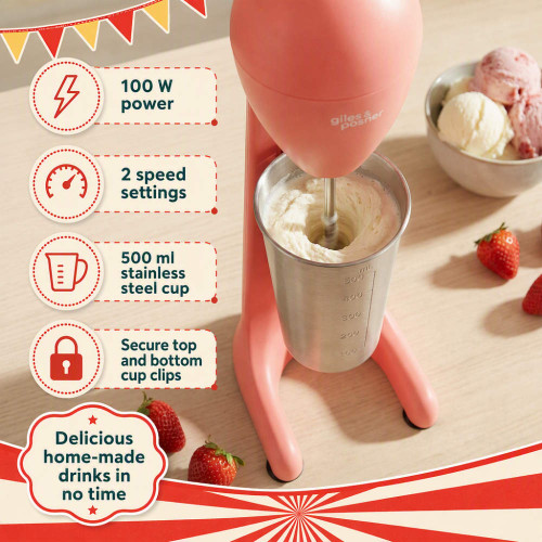 Red milkshake maker blending drink in stainless steel cup with feature callouts