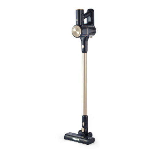 Cordless stick vacuum cleaner in navy and gold, upright with LED lights on floor head