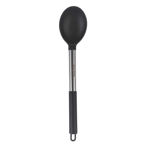 Black nylon serving spoon with stainless steel handle and hanging loop