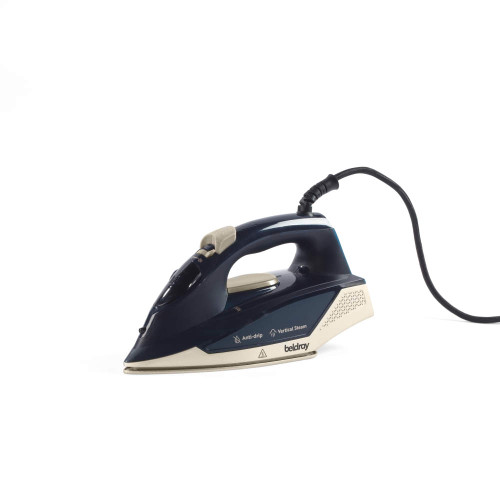 Navy steam iron with anti-drip and vertical steam features, side view.