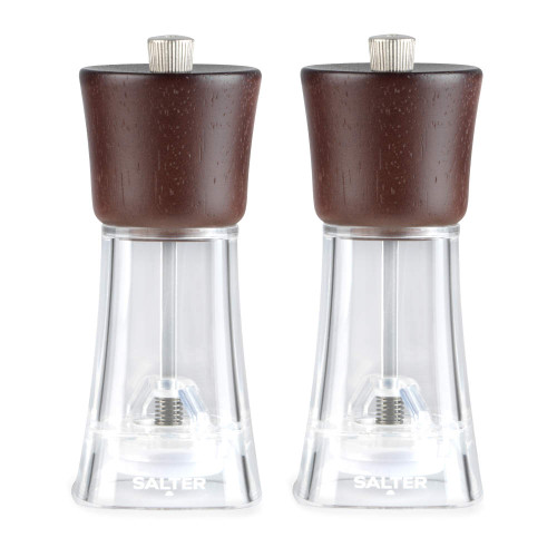 Set of two clear acrylic and dark wood salt and pepper mills, side by side.