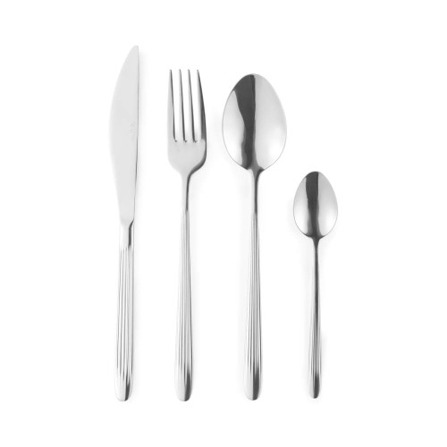 Four-piece silver cutlery set with knife, fork, tablespoon and teaspoon.