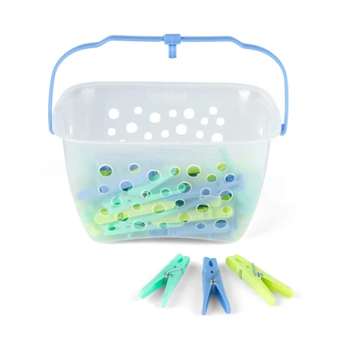 Pack of pastel blue, green and yellow clothes pegs in a ventilated plastic basket