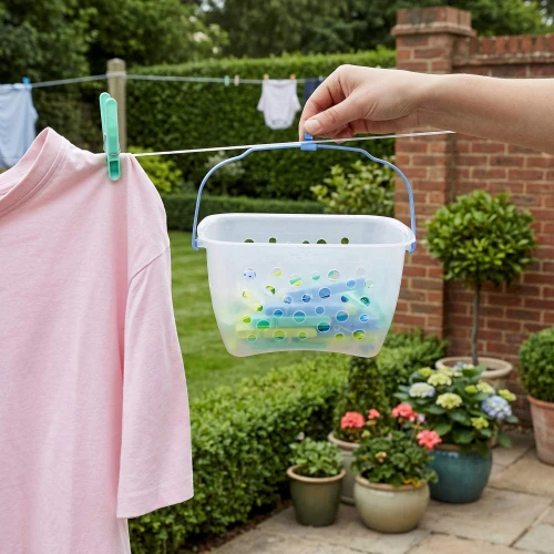 Plastic peg basket with handle, filled with pegs, shown hanging by washing line outside.
