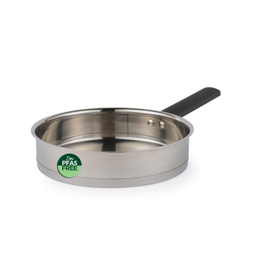 Stainless steel frying pan with black handle, PFAS free label on side