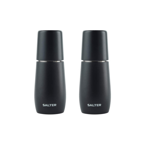 Set of two black Salter grinders with modern design, suitable for salt and pepper.