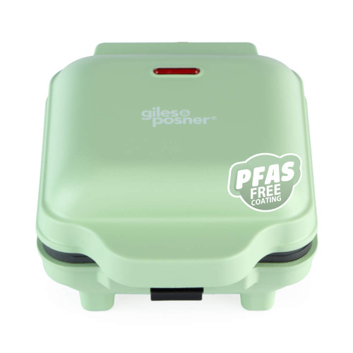 Mint green sandwich toaster, closed front view