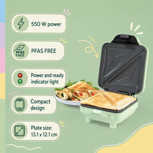 Green sandwich toaster with toasted triangles and feature icons