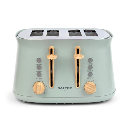 Sage green 4-slice toaster with wood effect controls, front view