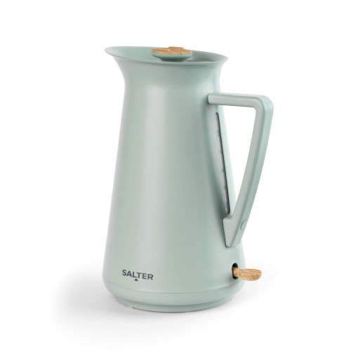 Sage green electric kettle with wooden accents and side water level indicator