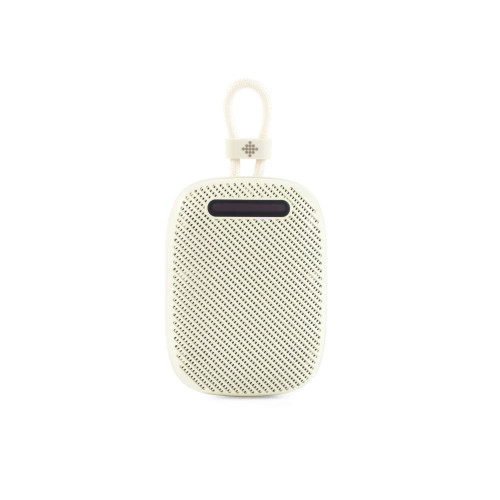 Cream portable Bluetooth speaker with carry loop, front view