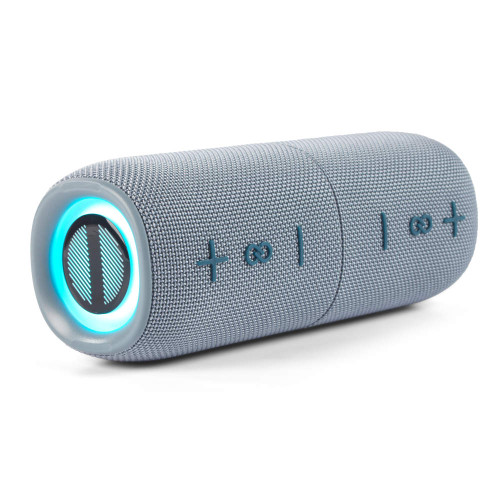 Blue portable Bluetooth speaker with illuminated power button, side angle