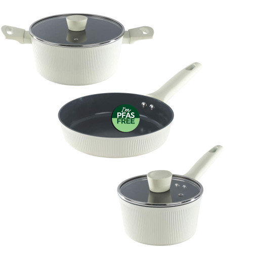 Three-piece cream non-stick pan set, PFAS free, includes saucepan, casserole and frying pan