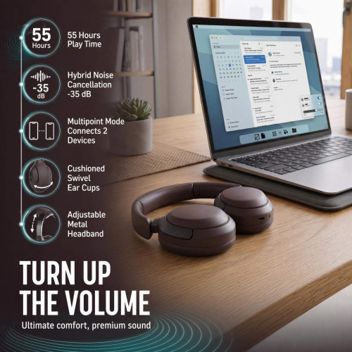 Brown over-ear wireless headphones with laptop, showing 55-hour playtime and noise cancelling