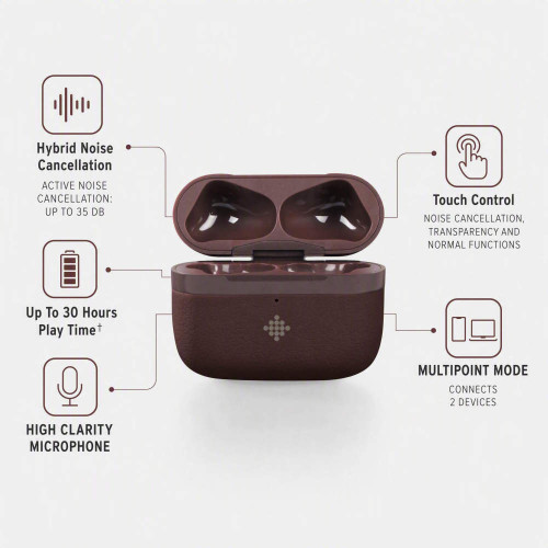 Brown wireless earbuds case with ANC, touch control, 30-hour play time and multipoint