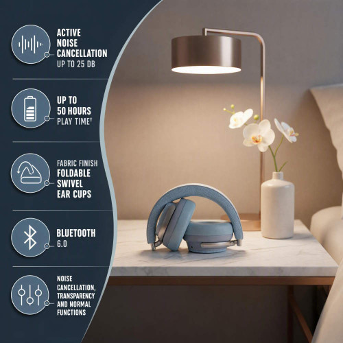 Blue over-ear wireless headphones with noise cancellation and up to 50 hours play time