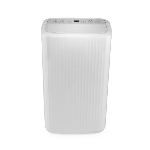 White portable air purifier with control panel, shown from the front