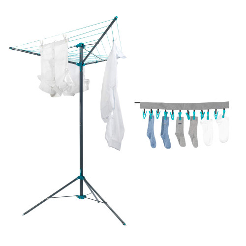 Rotary clothes airer with attached peg hanger holding socks and shirts, indoor laundry drying.