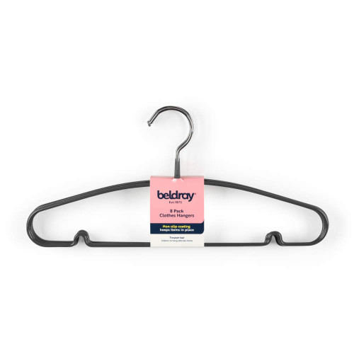 8 pack black clothes hangers with non-slip coating, shown front view in packaging
