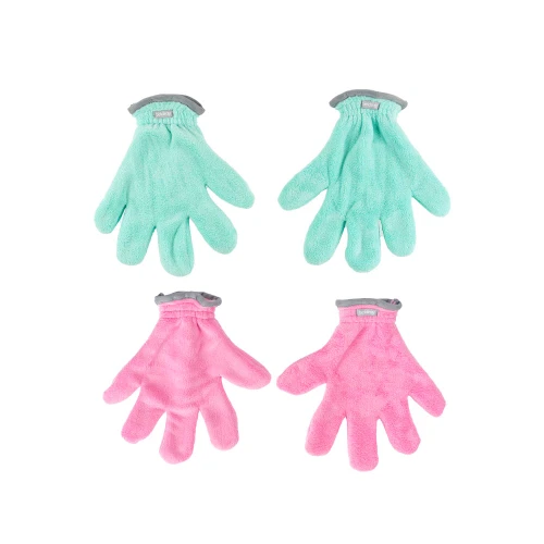 Set of two pairs exfoliating gloves, one pink pair and one green pair, each with grey cuffs