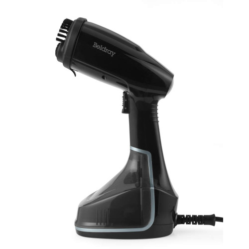 Black handheld garment steamer with Beldray branding, shown upright on white background