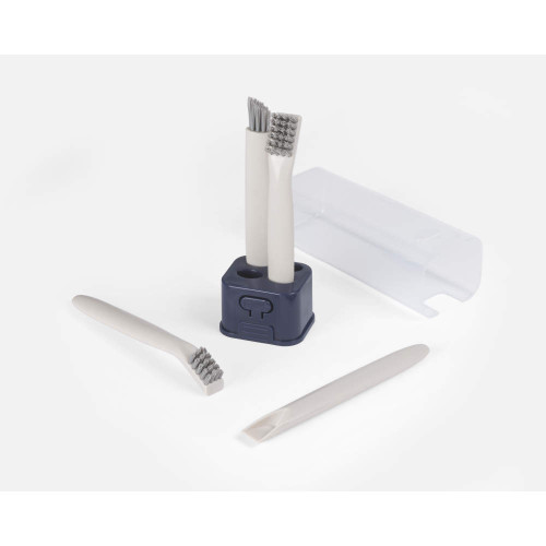 Set of white cleaning brushes with holder and case, suitable for household cleaning.
