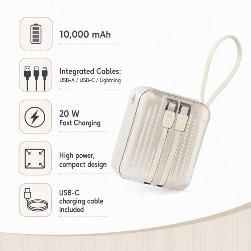 Cream 10,000mAh power bank with built-in USB-A, USB-C and Lightning cables