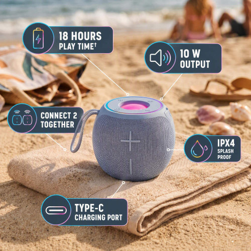 Portable blue speaker on beach towel with battery, pairing, USB-C and splashproof features