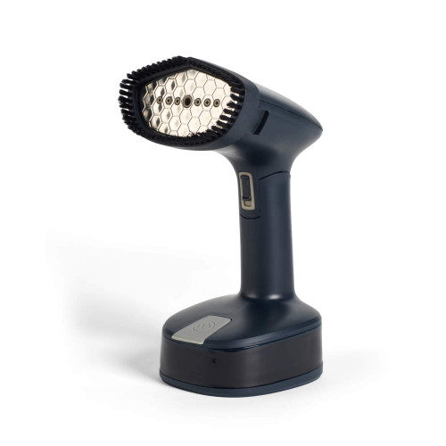 Navy handheld clothes steamer with hexagonal steam plate, upright on white background